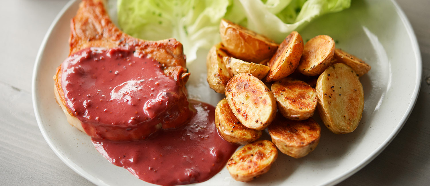 Pork chops with Beaver Brand Cranberry Mustard sauce