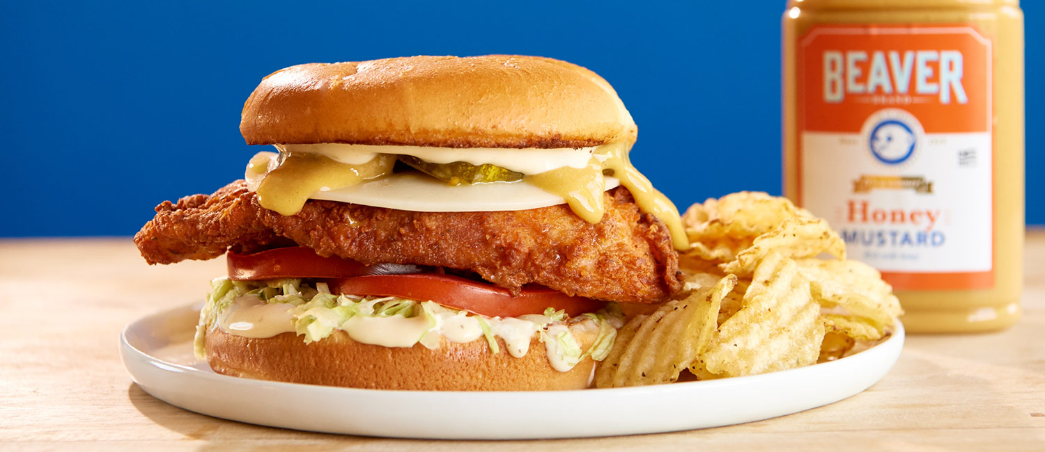 Fried chicken sandwich with Beaver Brand Honey Mustard