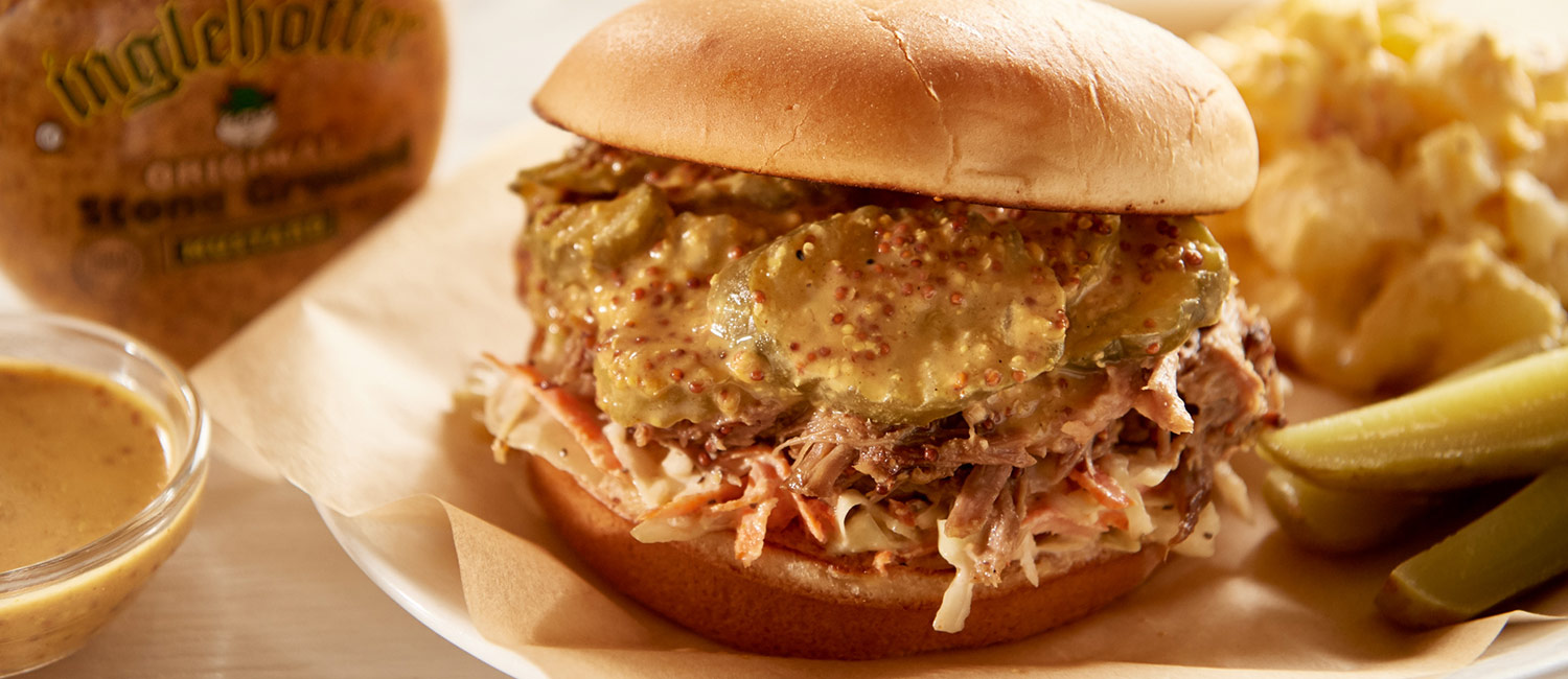 Pulled pork sandwich with Inglehoffer Stone Ground Mustard